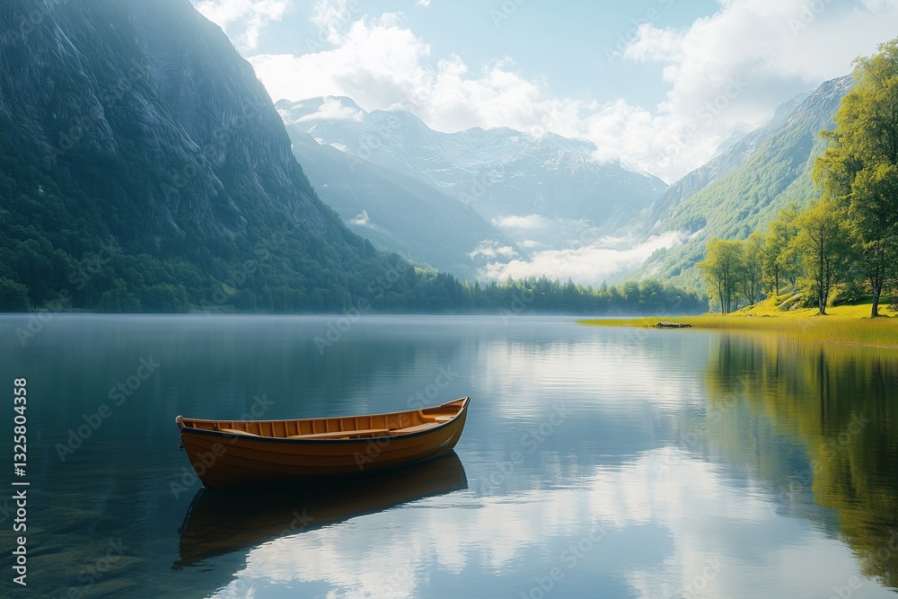 Boat on Serene Mountain Lake Boat on Serene Mountain Lake