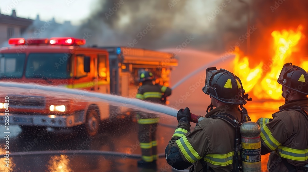 Obraz premium Firefighters Responding to Blaze with Fire Truck, Bold Flames, and Thick Smoke in Dramatic Emergency Scene