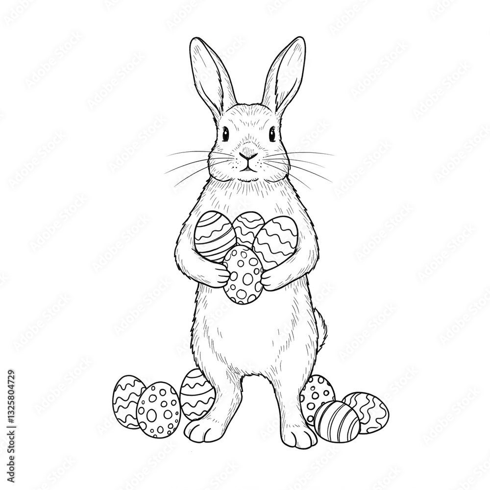Obraz premium A rabbit holding Easter eggs. Drawn with black lines. Black-and-white illustration.