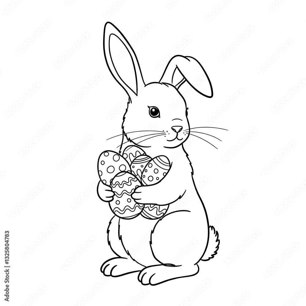 A rabbit holding Easter eggs. Drawn with black lines. Black-and-white illustration. A rabbit holding Easter eggs. Drawn with black lines. Black-and-white illustration.