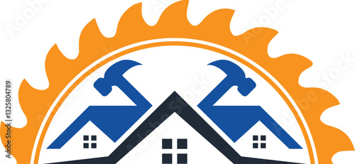 Construction and Renovation Logo with Saw, Hammer, and House