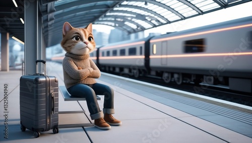 whimsical feline character on urban railway platform with suitcase for use in advertising materials about train services, city travel, and public transport