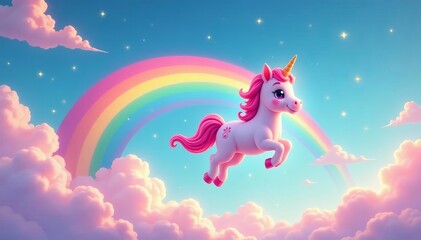 Ingelijste posters Regenboog Roze eenhoorn vliegend door regenbooghemel  © Thiti