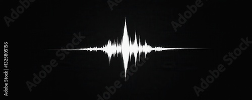 white sound wave pattern on black background, representing audio or music visualization. waveform is symmetrical and centered, creating striking visual contrast