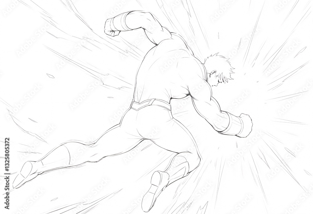 Obraz premium Superhero Sketch: Powerful Action Pose. A dynamic black and white sketch of a muscular superhero in mid-action exhibiting immense power and speed