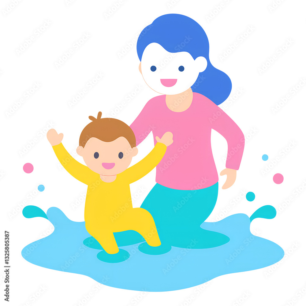 Joyful Illustration of a Mother and Child Splashing for Mothers Day PNG Joyful Illustration of a Mother and Child Splashing for Mothers Day PNG