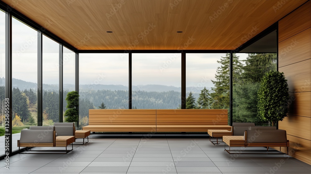 Fototapeta premium Serene Minimalist Sauna Room with Wooden Accents and Large Windows Overlooking Nature