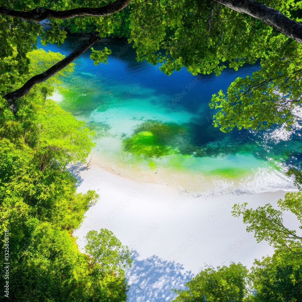 Vibrant Tropical Beach with Crystal Clear Water and Lush Greenery Vibrant Tropical Beach with Crystal Clear Water and Lush Greenery