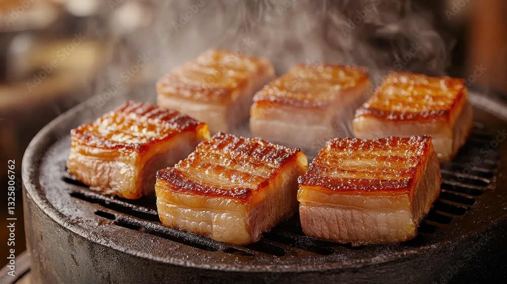 Crispy Pork Belly Cooking on Grill with Steaming Smoke and Perfectly Rendered Fat Crispy Pork Belly Cooking on Grill with Steaming Smoke and Perfectly Rendered Fat
