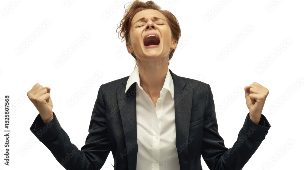 Excited businesswoman screaming with raised fists on transparent background Excited businesswoman screaming with raised fists on transparent background