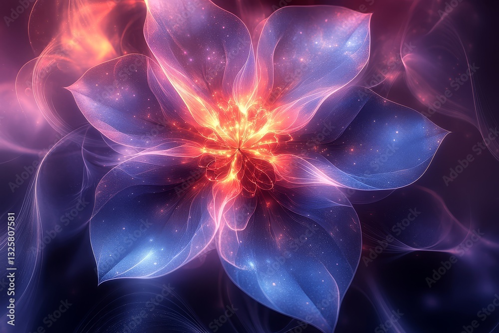 Obraz premium Abstract symmetrical flower design with blurred blue and purple gradients, digital illustration for elegant backgrounds and design projects.