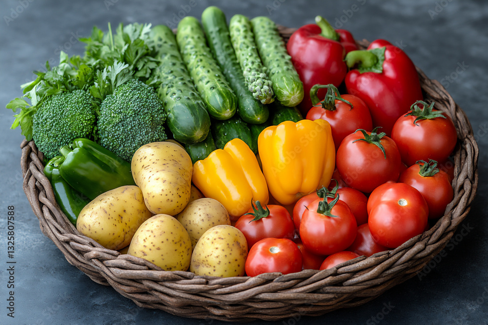 a basket of fresh vegetables including tomatoes, a basket of fresh vegetables including tomatoes,