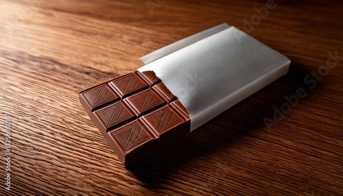 a delicious dark chocolate bar partially unwrapped on a wooden table. The chocolate has a rich brown color and perfect squares
