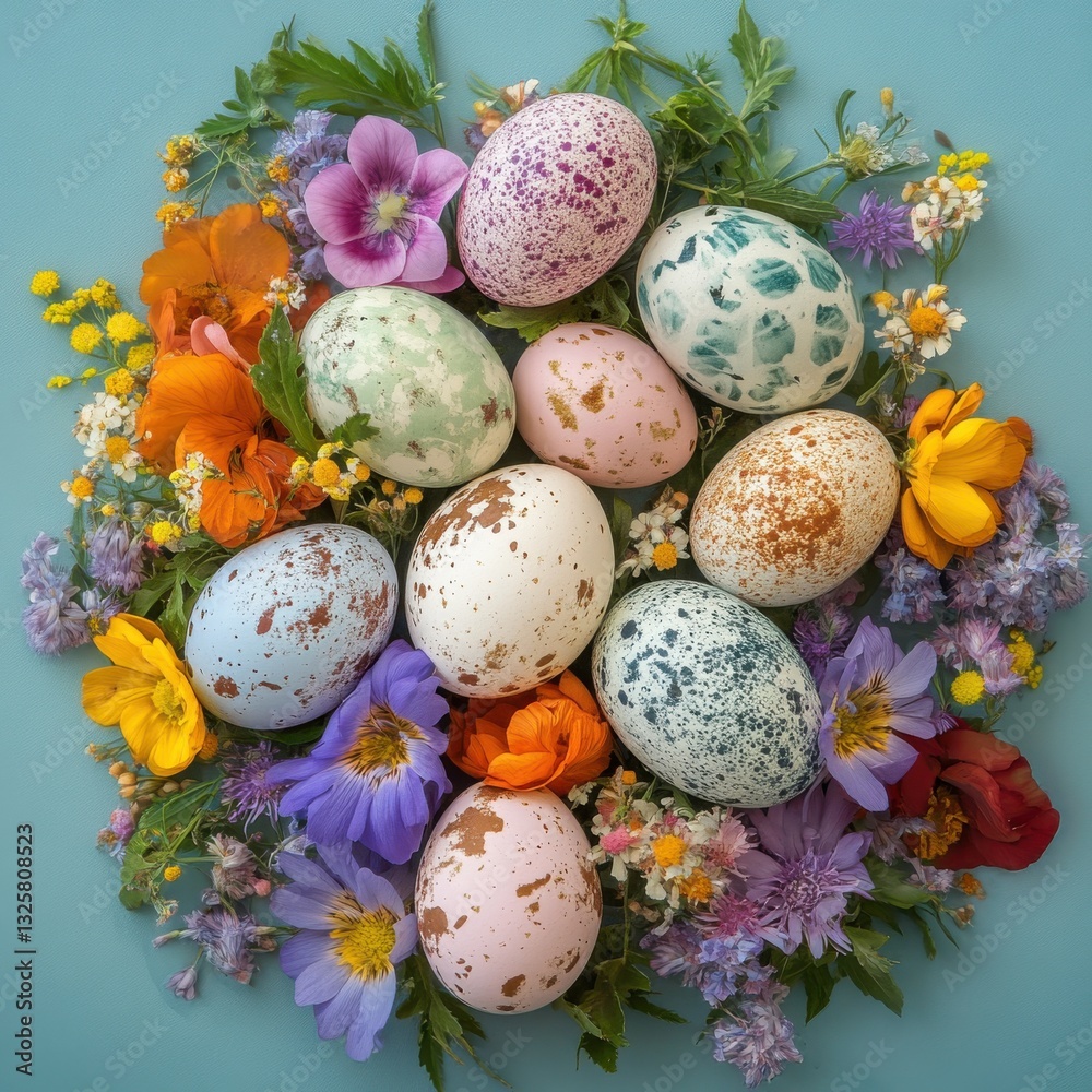 Obraz premium Easter Colorful eggs arranged with flowers create a vibrant, festive display for spring celebrations.