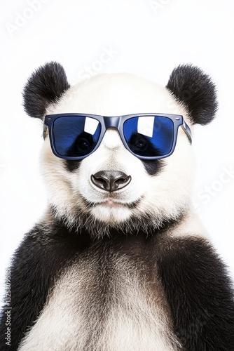 Panda wearing sunglasses posing with a cheerful expression against a white background, cute animal portrait, playful wildlife photography concept.