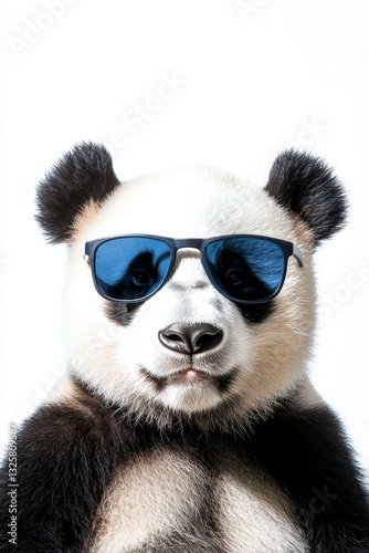 Panda wearing sunglasses posing humorously against a white background for fun, wildlife, and animal-themed content and stock imagery.