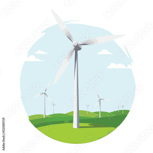 Modern wind turbines spinning in green landscape, renewable energy