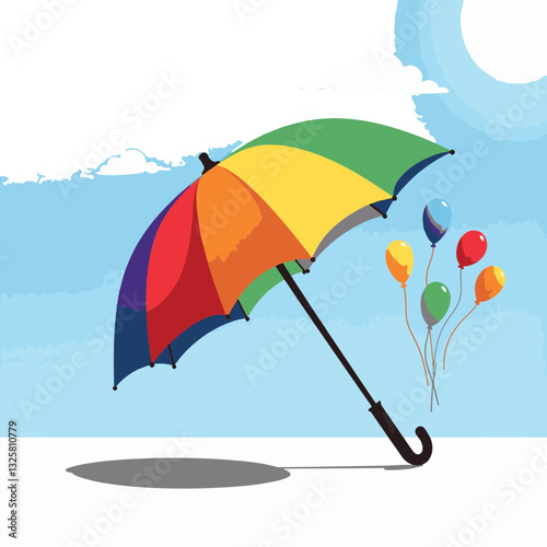 Rainbow-colored umbrella with balloons against blue sky, celebrating diversity