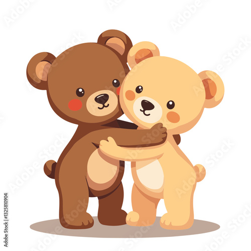 Two adorable teddy bears hugging on white background, sibling love