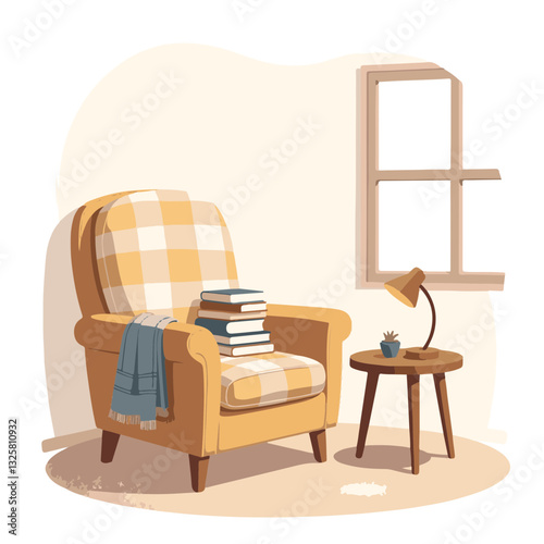 Cozy armchair with stacked books in minimalist room, reading comfort