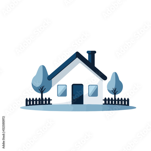 Stylized house with tree and fence on white background, tranquility