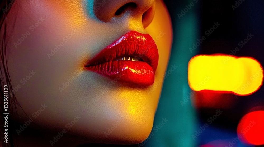 Fototapeta premium Sensual Red Lips Closeup Neon Lights Woman Glamour Beauty