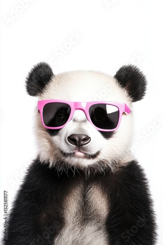 Panda wearing pink sunglasses looking playful and cute on a white background, animal portrait for wildlife photography and nature-themed projects.