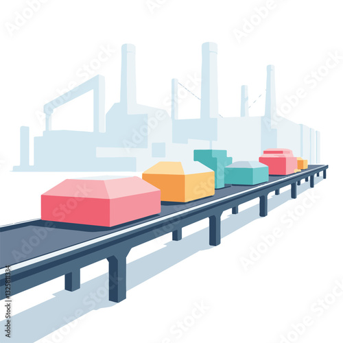 Abstract geometric objects on conveyor belt in factory, diverse production