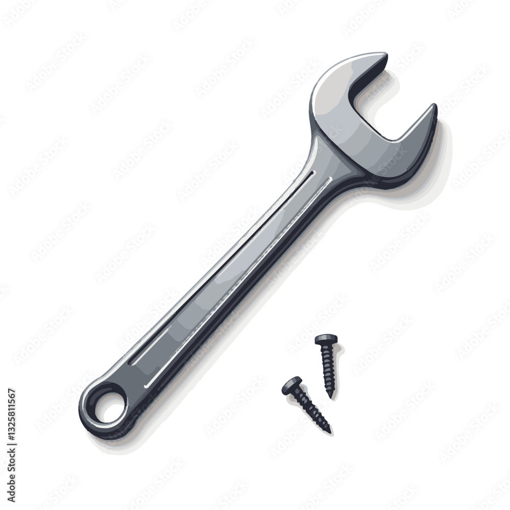 Shiny metallic wrench with screws on white background, mechanical tools Shiny metallic wrench with screws on white background, mechanical tools
