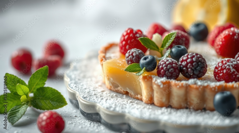 Berry topped lemon tart with mint garnish on a white plate dusted with powdered sugar, close-up shot. Berry topped lemon tart with mint garnish on a white plate dusted with powdered sugar, close-up shot.
