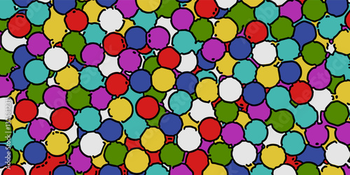 Colourful tossed circles. Color circles with black  border background. Drawn vector art.