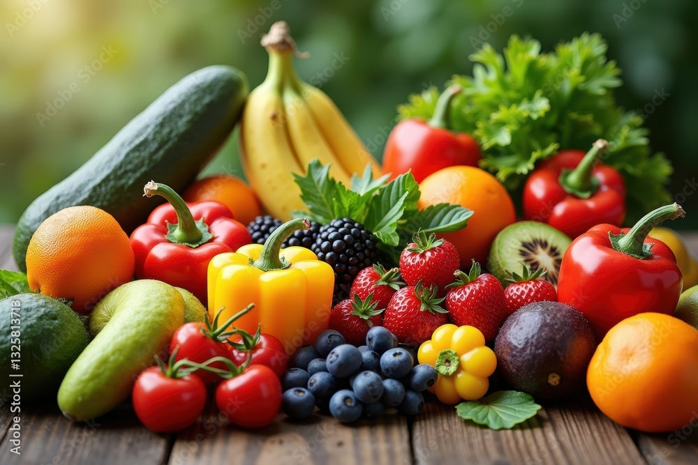 Fresh Organic Fruits and Vegetables Assortment on Rustic Wooden Table for Healthy Eating and Nutrition Fresh Organic Fruits and Vegetables Assortment on Rustic Wooden Table for Healthy Eating and Nutrition