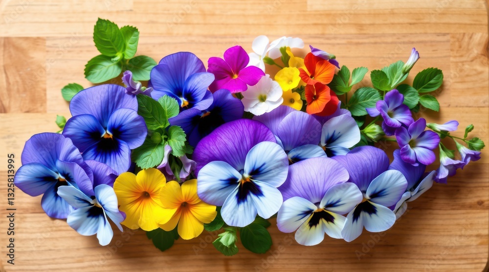Vibrant pansies and small flowers in various colors beautifully arranged on a wooden surface. Vibrant pansies and small flowers in various colors beautifully arranged on a wooden surface.