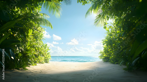 Lush Green Foliage Framing a Sunny Tropical Beach