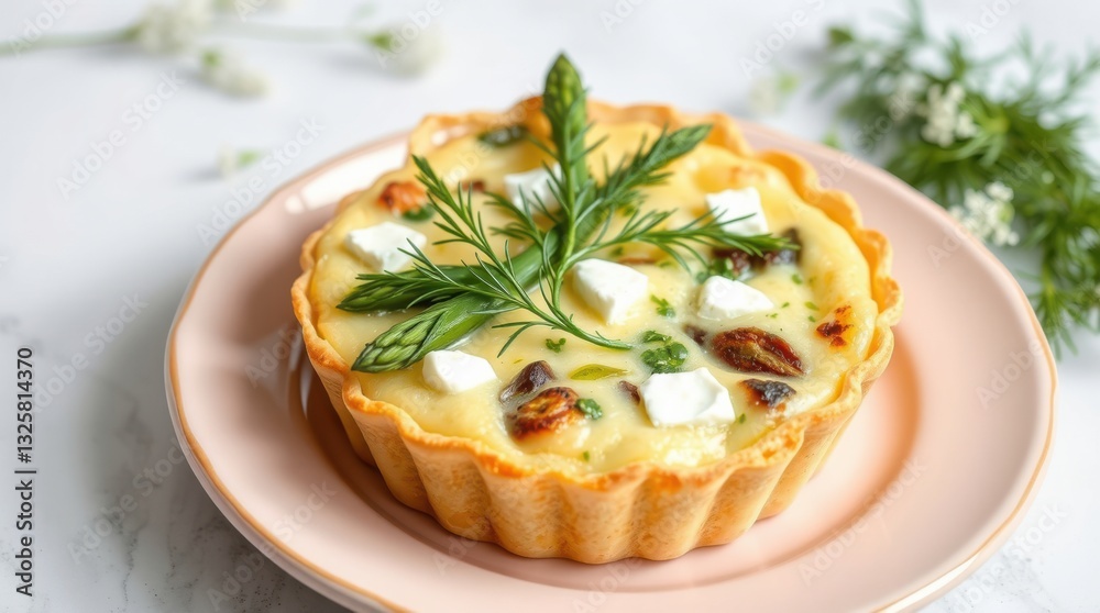 Savory tart with cheese, mushrooms, and asparagus on a pink plate, topped with fresh dill. Savory tart with cheese, mushrooms, and asparagus on a pink plate, topped with fresh dill.