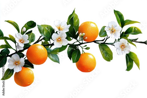 Vibrant orange branch with blossoms and leaves