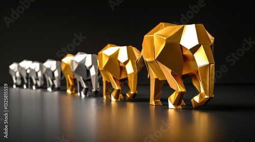 3D rendered of A noble gold origami paper Elephant marching at the forefront of a herd of silver ones, 