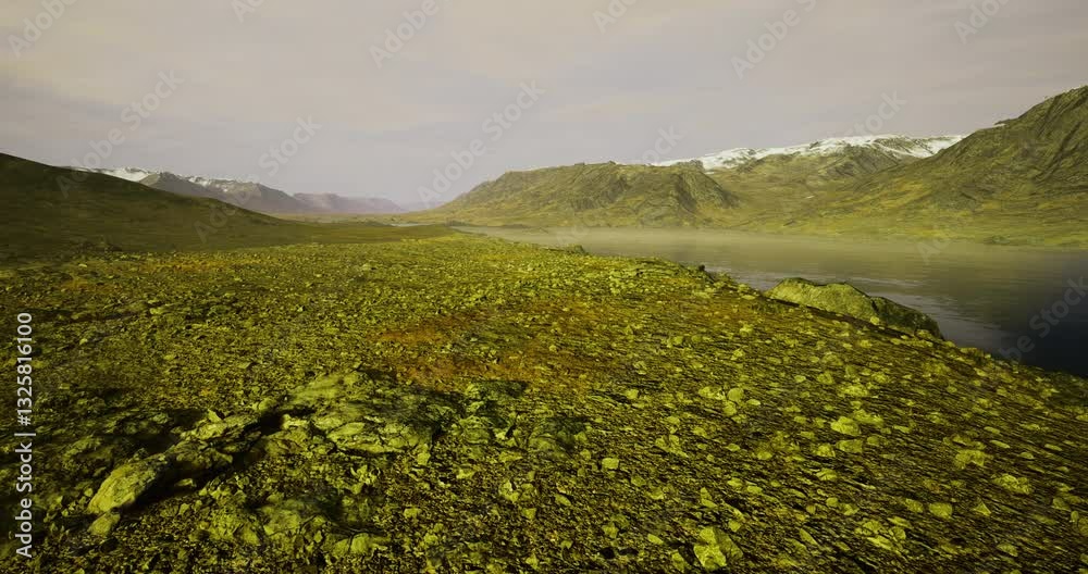 Rolling hills and rugged mountains line a tranquil river, shrouded in a thin mist. The terrain is covered with moss and rocks, creating a serene atmosphere.