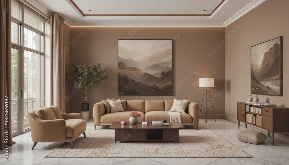 Fototapeta premium Modern living room with beige furniture, large windows, and artwork
