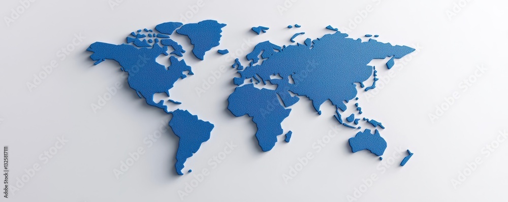 Obraz premium A three-dimensional blue map of the world displayed against a white background, emphasizing global geography and connections.
