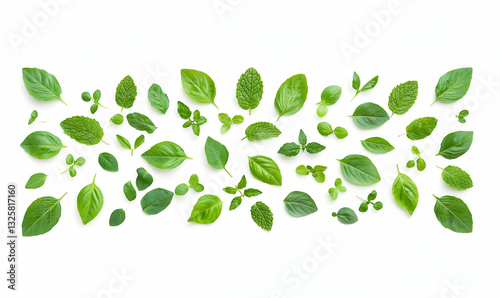 Various Green Leaves Arranged on White Background for Nature Themes