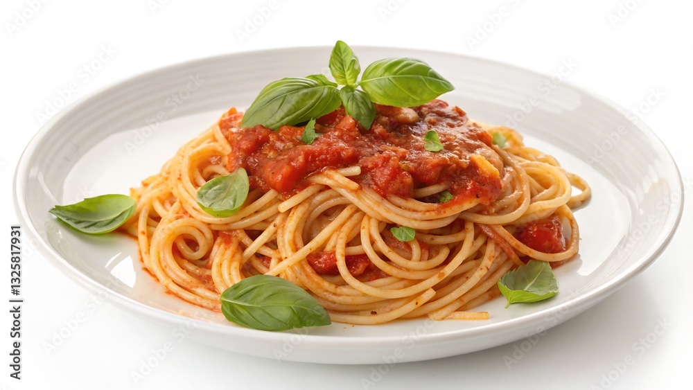Plate of Spaghetti with Tomato Sauce and Basil Garnish, Isolated on a White Background, High-Resolution Pasta Photography representing classic Italian cuisine. Plate of Spaghetti with Tomato Sauce and Basil Garnish, Isolated on a White Background, High-Resolution Pasta Photography representing classic Italian cuisine.