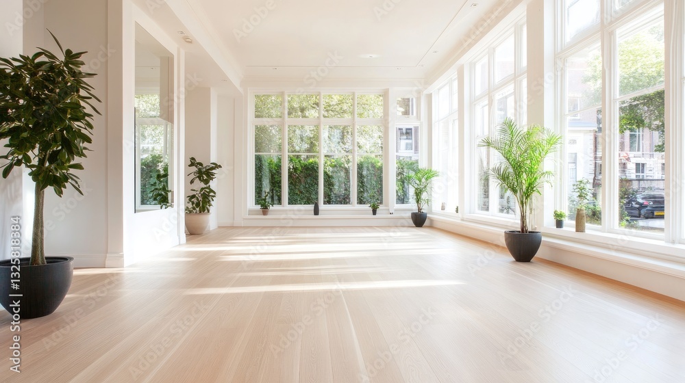 Fototapeta premium Spacious Sunlit Room with Large Windows and Green Plants