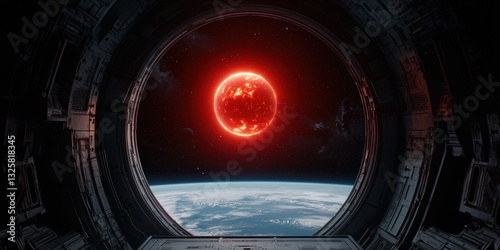A vivid view of a red sun seen through a circular window, with Earth visible below, creating a striking contrast against the dark space backdrop.