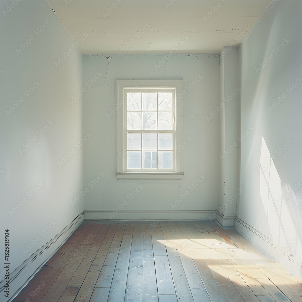 Fototapeta premium A small yet cozy room with a window casting soft shadows on the floor, ideal for real estate photography and interior design inspiration.