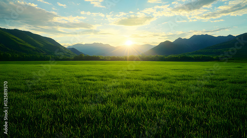 Pixelated Green Field Under Sunrise Between Mountains Rendered Digital Landscape Scene