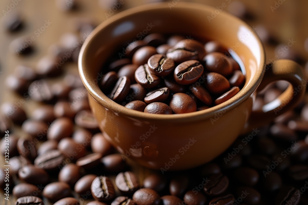 Fototapeta premium Brown Coffee Cup Filled with Roasted Coffee Beans on a Rustic Wooden Surface