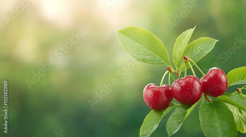 Fresh Red Cherries with Water Droplets on Green Leaf Background
