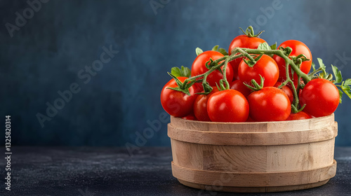 Fresh Red Tomatoes in Wooden Basket Against Dark Background