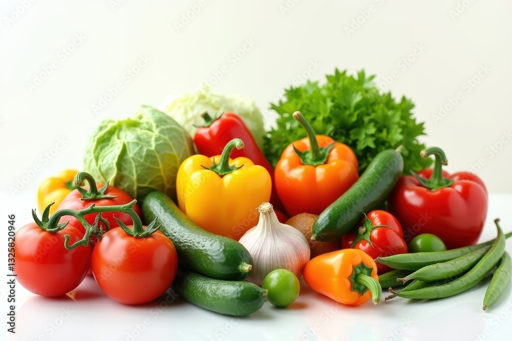 Fresh Organic Vegetables Assortment Including Peppers, Tomatoes, Cucumbers, Garlic, and Greens on White Background. Fresh Organic Vegetables Assortment Including Peppers, Tomatoes, Cucumbers, Garlic, and Greens on White Background.
